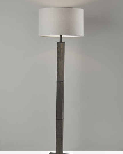 62" Black Wood And Metal Floor Lamp With Light Gray Fabric Drum Shade
