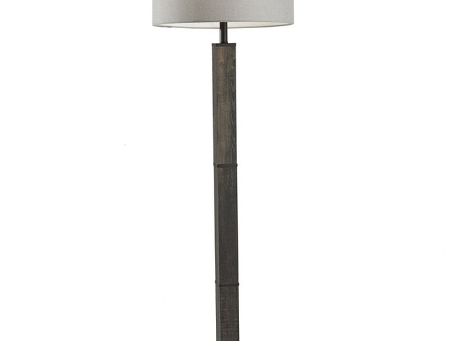 62" Black Wood And Metal Floor Lamp With Light Gray Fabric Drum Shade