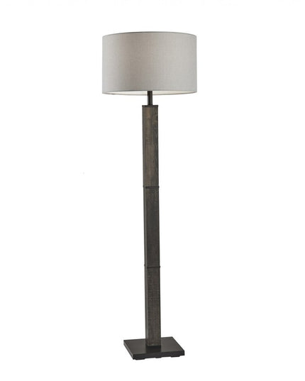 62" Black Wood And Metal Floor Lamp With Light Gray Fabric Drum Shade