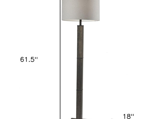 62" Black Wood And Metal Floor Lamp With Light Gray Fabric Drum Shade