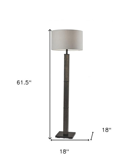 62" Black Wood And Metal Floor Lamp With Light Gray Fabric Drum Shade