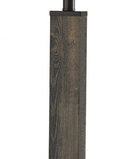 62" Black Wood And Metal Floor Lamp With Light Gray Fabric Drum Shade