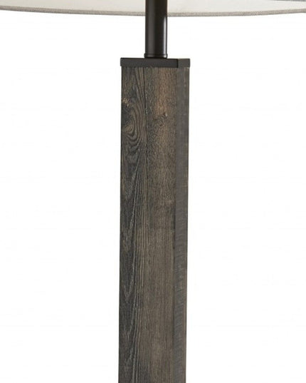 62" Black Wood And Metal Floor Lamp With Light Gray Fabric Drum Shade