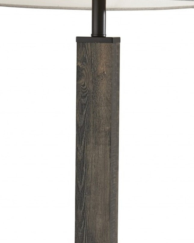 62" Black Wood And Metal Floor Lamp With Light Gray Fabric Drum Shade