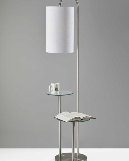 66" Silver Tray Table Floor Lamp With White Fabric Drum Shade