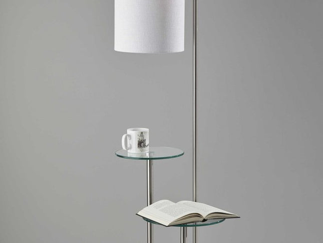 66" Silver Tray Table Floor Lamp With White Fabric Drum Shade