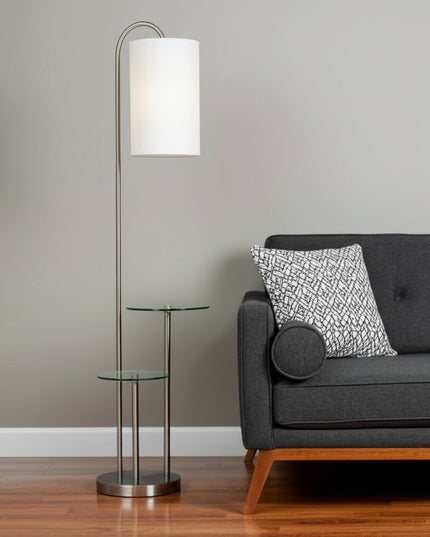 66" Silver Tray Table Floor Lamp With White Fabric Drum Shade