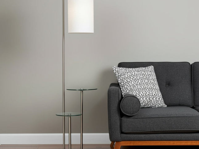 66" Silver Tray Table Floor Lamp With White Fabric Drum Shade
