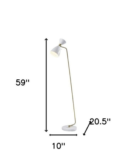 59" Gold And White Task Floor Lamp With White Metal Cone Shade
