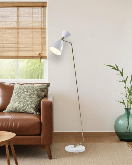 59" Gold And White Task Floor Lamp With White Metal Cone Shade