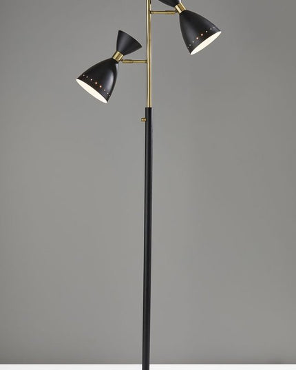 68" Black And Gold Metal Two Light Task Floor Lamp With Black Metal Cone Shade