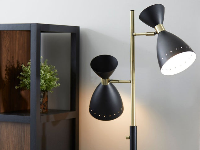 68" Black And Gold Metal Two Light Task Floor Lamp With Black Metal Cone Shade