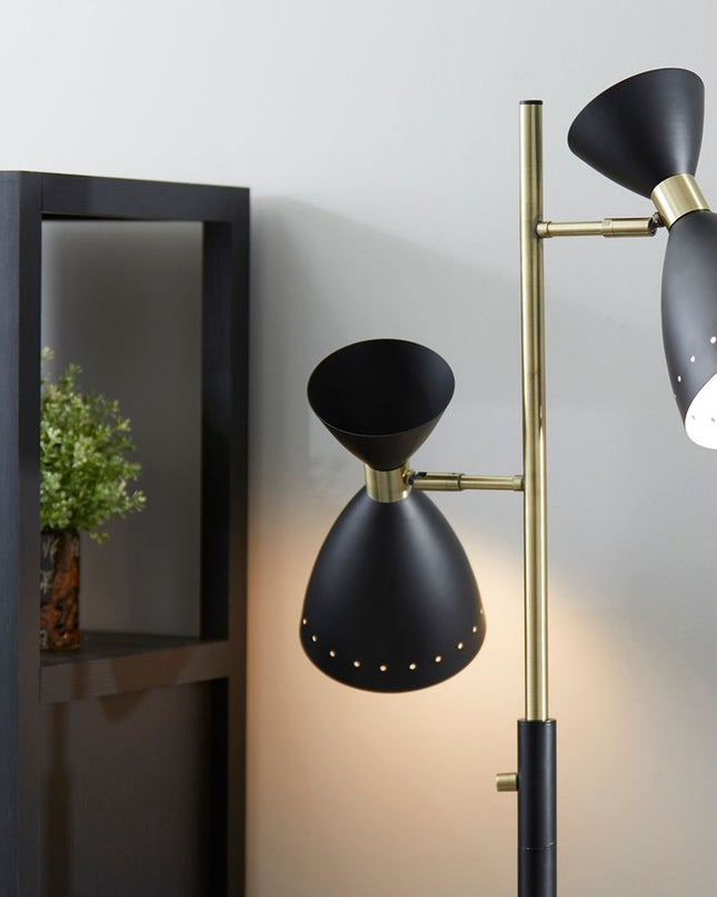 68" Black And Gold Metal Two Light Task Floor Lamp With Black Metal Cone Shade
