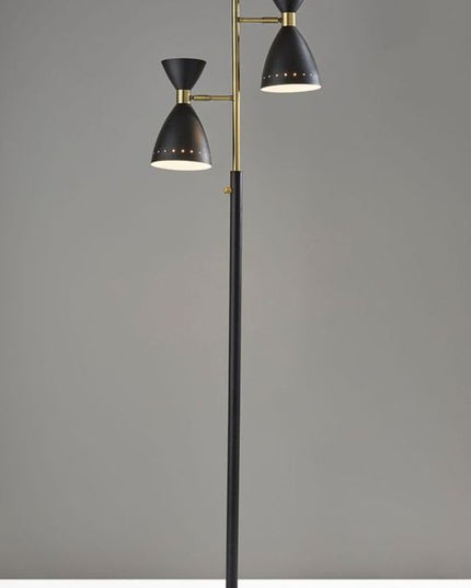 68" Black And Gold Metal Two Light Task Floor Lamp With Black Metal Cone Shade
