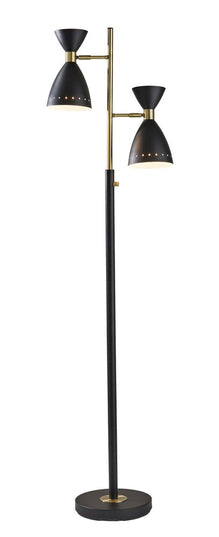 68" Black And Gold Metal Two Light Task Floor Lamp With Black Metal Cone Shade
