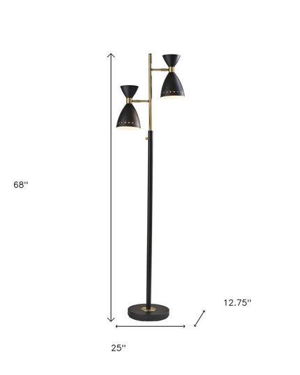 68" Black And Gold Metal Two Light Task Floor Lamp With Black Metal Cone Shade