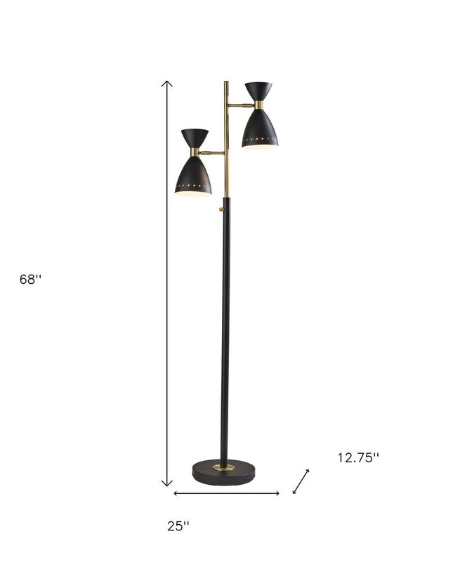 68" Black And Gold Metal Two Light Task Floor Lamp With Black Metal Cone Shade