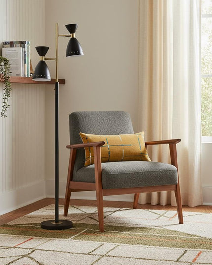 68" Black And Gold Metal Two Light Task Floor Lamp With Black Metal Cone Shade