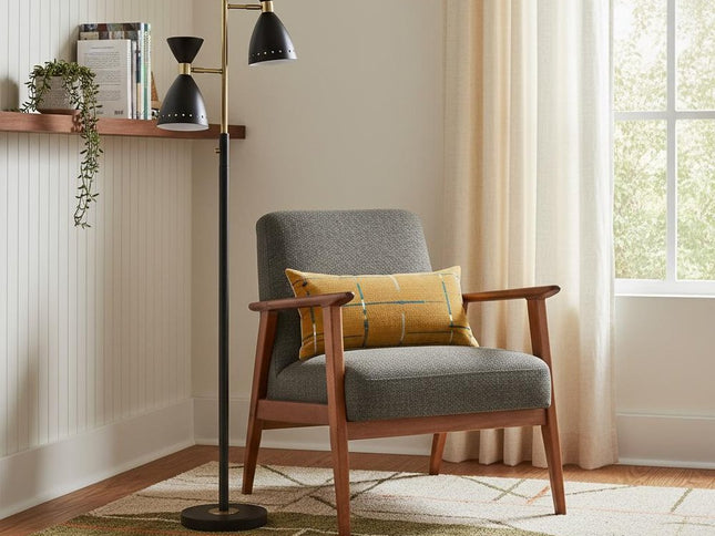 68" Black And Gold Metal Two Light Task Floor Lamp With Black Metal Cone Shade