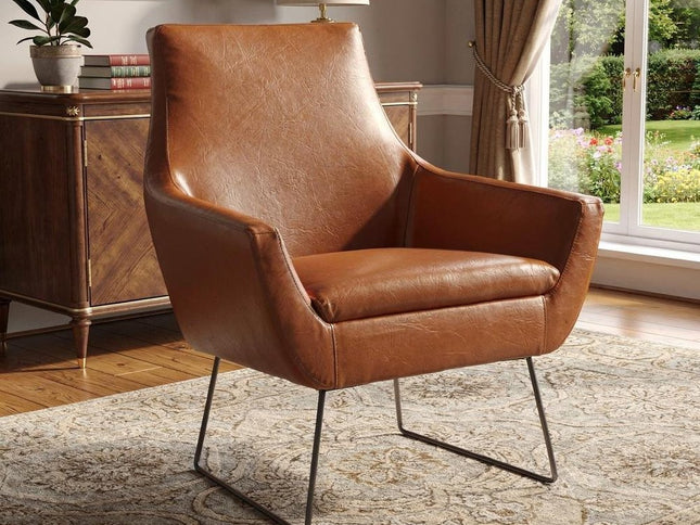 33" Brown and Black Faux Leather Distressed Arm Chair