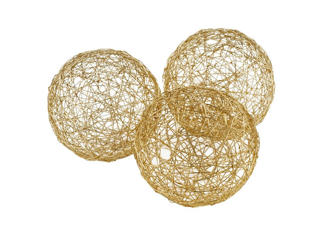 Set of Three Gold Wire Five Inch Decorative Orbs