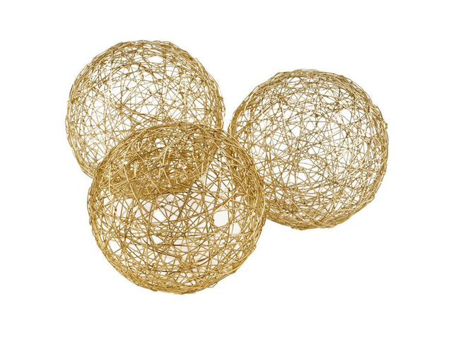 Set of Three Gold Wire Five Inch Decorative Orbs