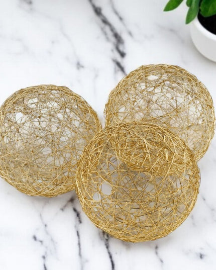 Set of Three Gold Wire Five Inch Decorative Orbs