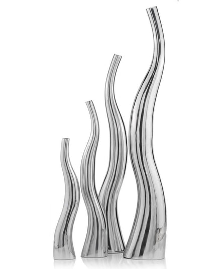 Set of Two Aluminum Silver Wavy Floor Vases