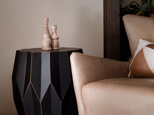 23" Black Solid Wood Round Drum End Table