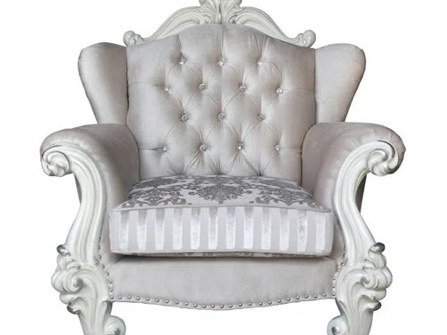 44" Ivory and Antiqued White Fabric Damask Tufted Chair and a Half And Toss Pillows