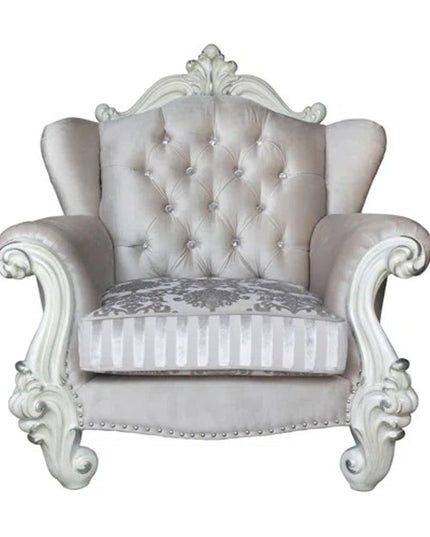 44" Ivory and Antiqued White Fabric Damask Tufted Chair and a Half And Toss Pillows