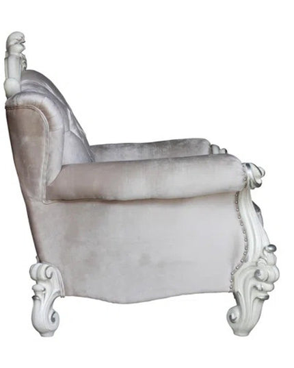 44" Ivory and Antiqued White Fabric Damask Tufted Chair and a Half And Toss Pillows