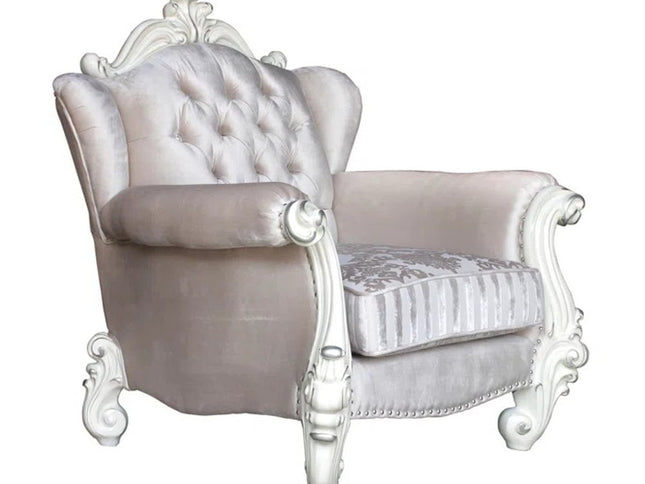 44" Ivory and Antiqued White Fabric Damask Tufted Chair and a Half And Toss Pillows