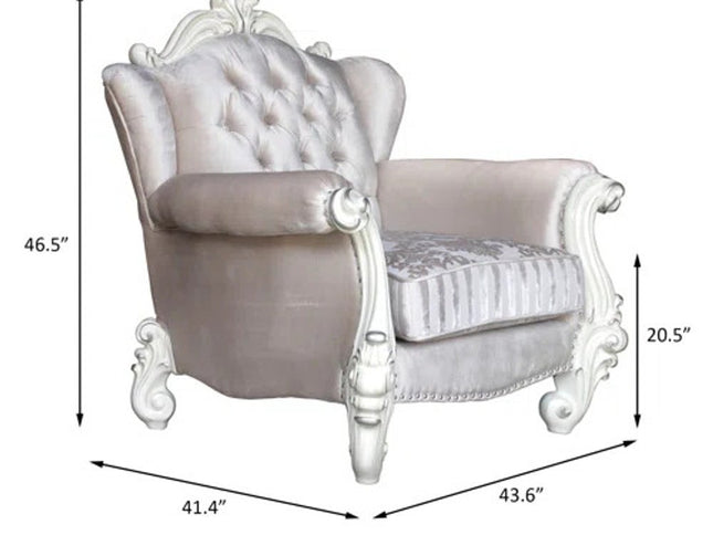 44" Ivory and Antiqued White Fabric Damask Tufted Chair and a Half And Toss Pillows