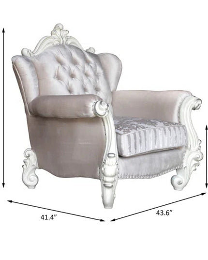 44" Ivory and Antiqued White Fabric Damask Tufted Chair and a Half And Toss Pillows