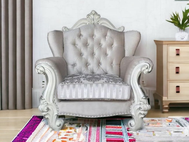 44" Ivory and Antiqued White Fabric Damask Tufted Chair and a Half And Toss Pillows