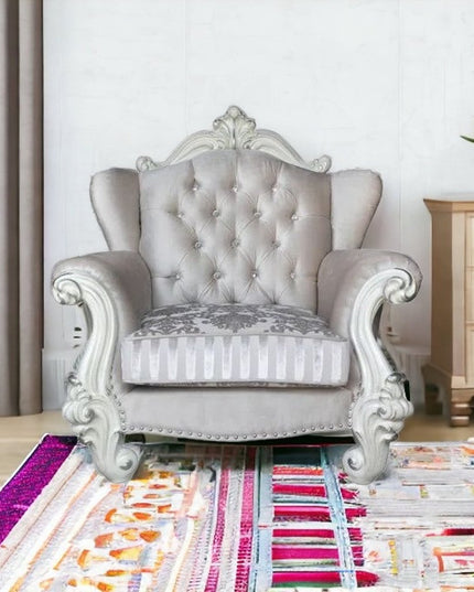 44" Ivory and Antiqued White Fabric Damask Tufted Chair and a Half And Toss Pillows