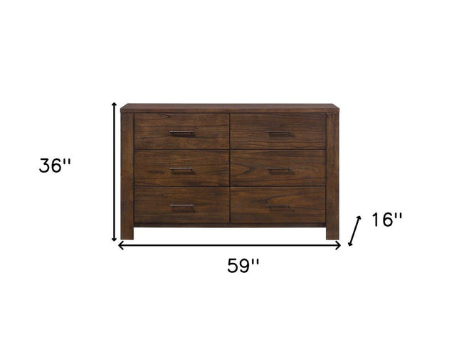 59" Brown Metal Six Drawer Dresser