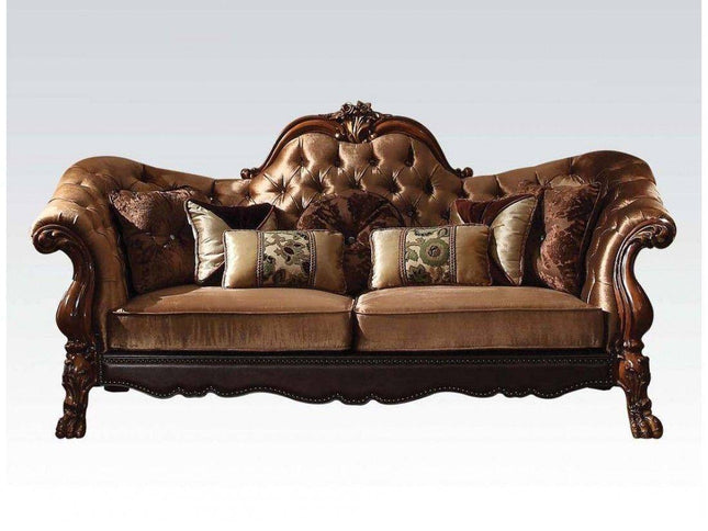 73" Dark Brown And Brown Velvet Loveseat and Toss Pillows