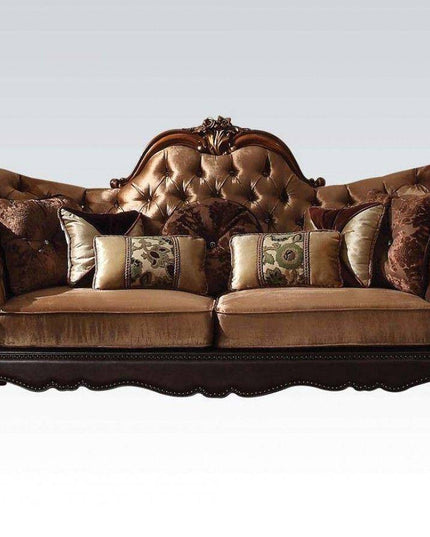 73" Dark Brown And Brown Velvet Loveseat and Toss Pillows