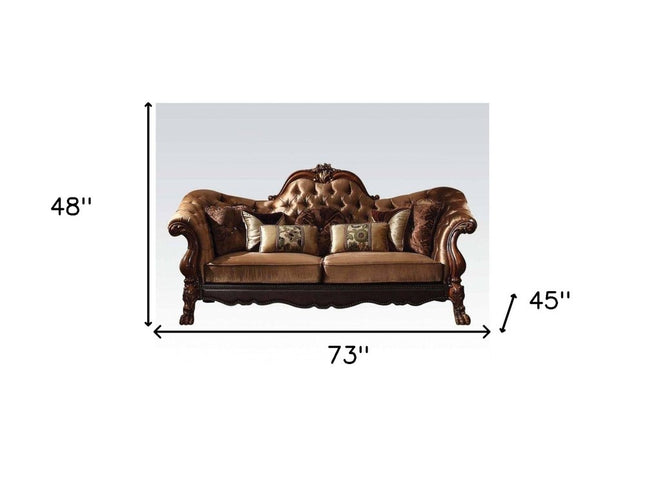 73" Dark Brown And Brown Velvet Loveseat and Toss Pillows