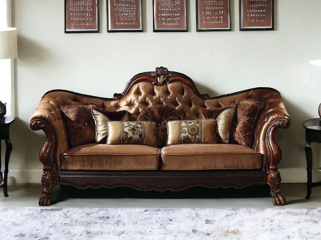 73" Dark Brown And Brown Velvet Loveseat and Toss Pillows