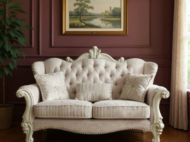 69" Ivory Chesterfield Loveseat and Toss Pillows
