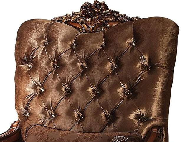 34" Golden Brown and Chocolate Velvet Tufted Arm Chair And Toss Pillow