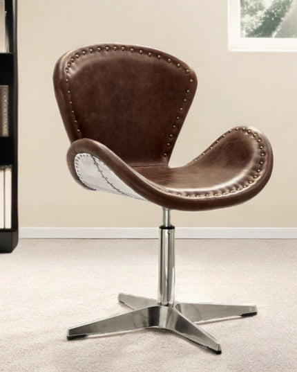 25" Brown and Silver Faux Leather Distressed Swivel Arm Chair