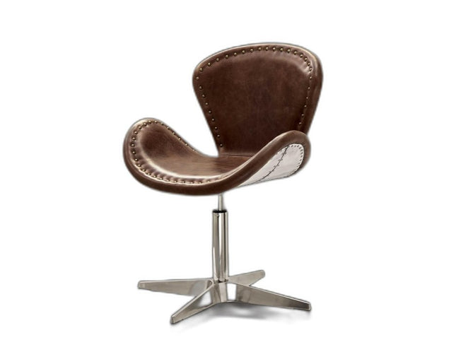 25" Brown and Silver Faux Leather Distressed Swivel Arm Chair