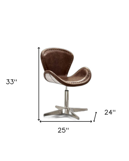 25" Brown and Silver Faux Leather Distressed Swivel Arm Chair