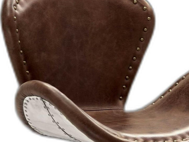 25" Brown and Silver Faux Leather Distressed Swivel Arm Chair