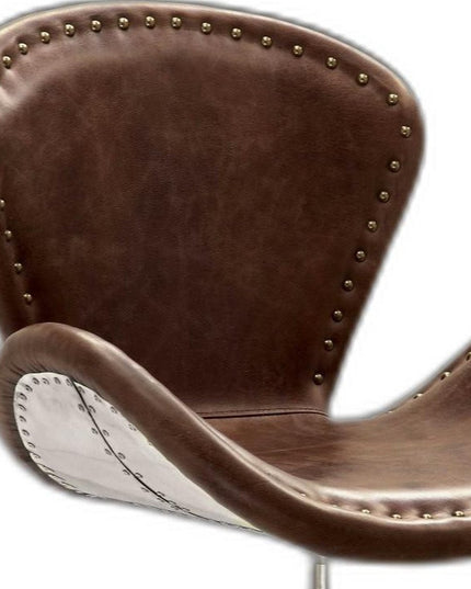 25" Brown and Silver Faux Leather Distressed Swivel Arm Chair