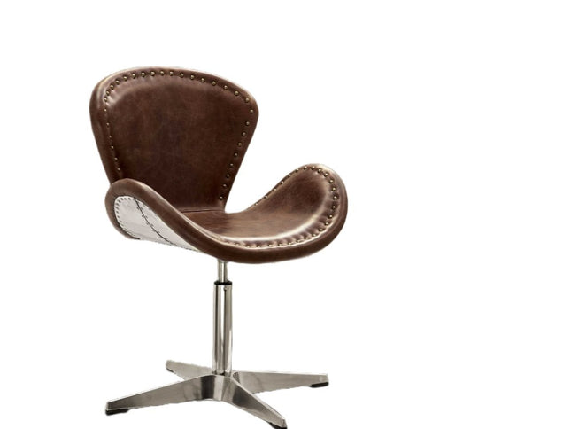 25" Brown and Silver Faux Leather Distressed Swivel Arm Chair